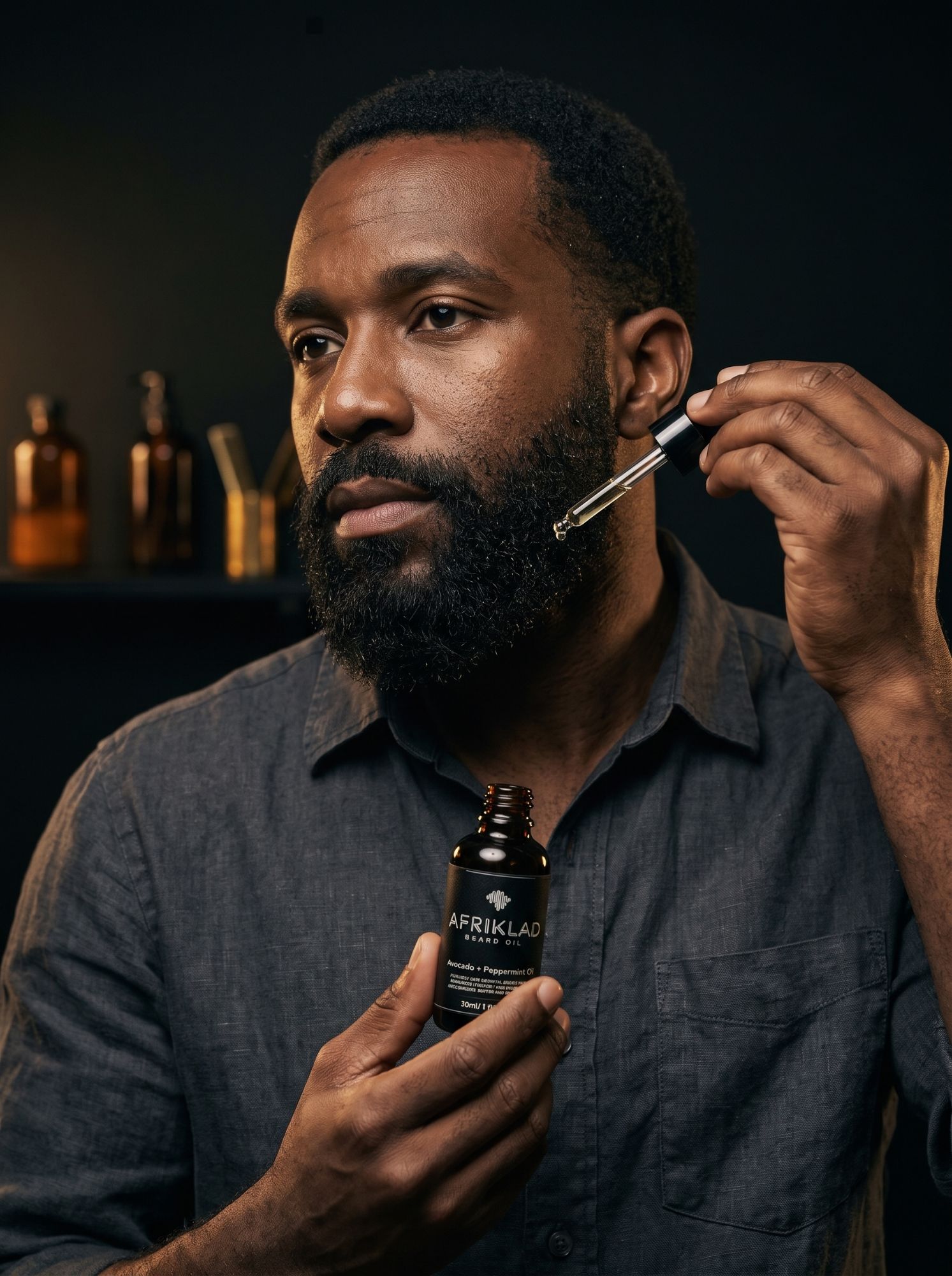 A bearded man applying Afriklad beard oil with a dropper