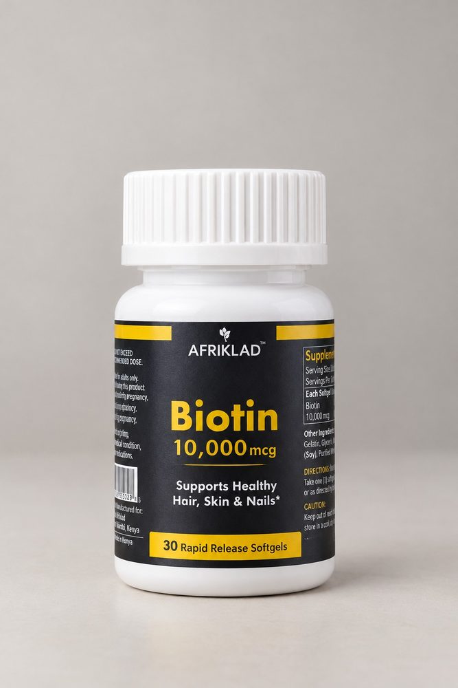 Afriklad Biotin 10,000 mcg bottle, 30 softgels